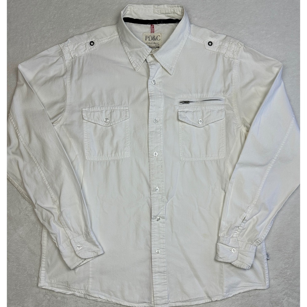 PD&C Mens White Cotton Utility Button‎ Down Shirt Long Sleeve Epaulettes Large